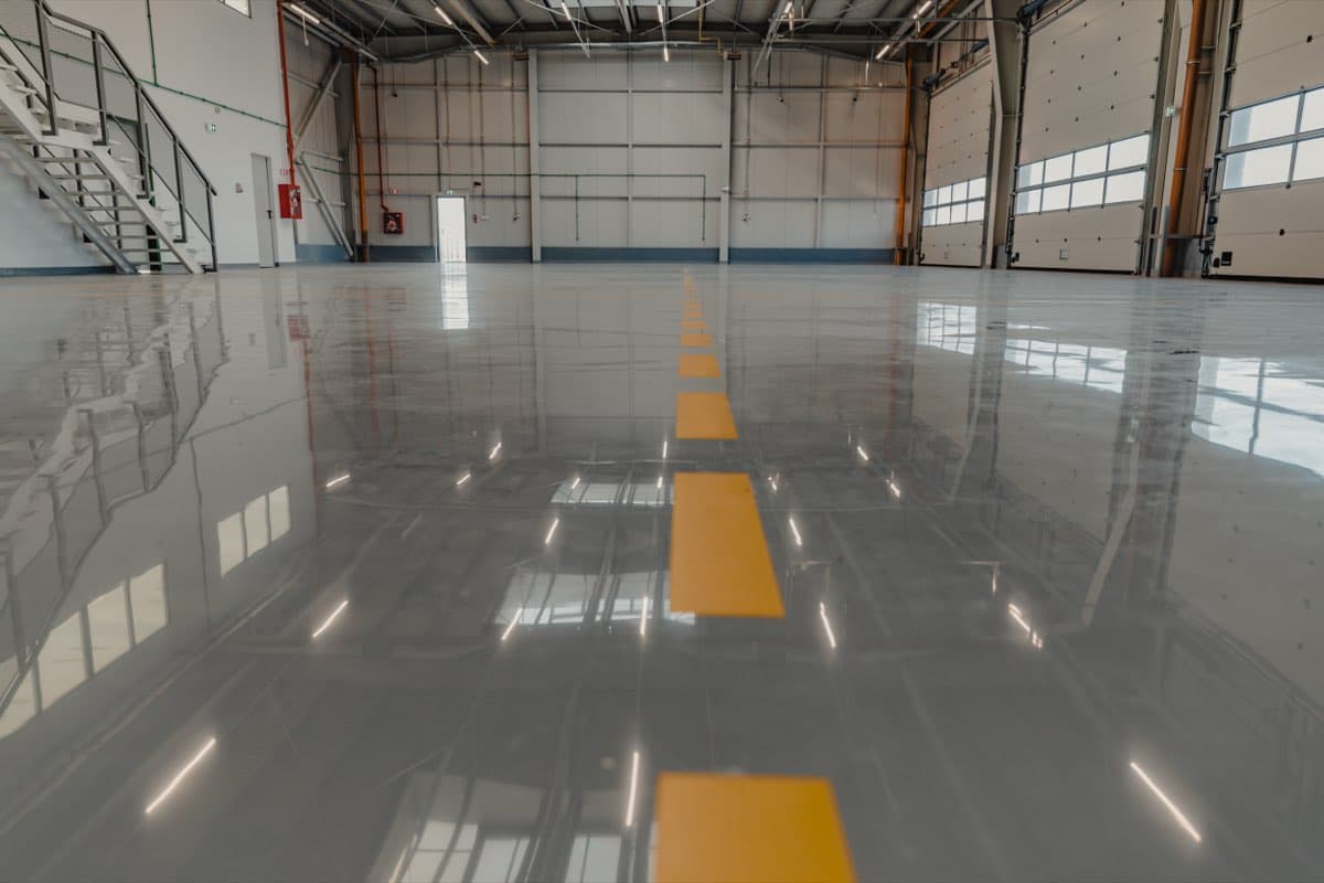 Industrial epoxy floor with safety lane markings