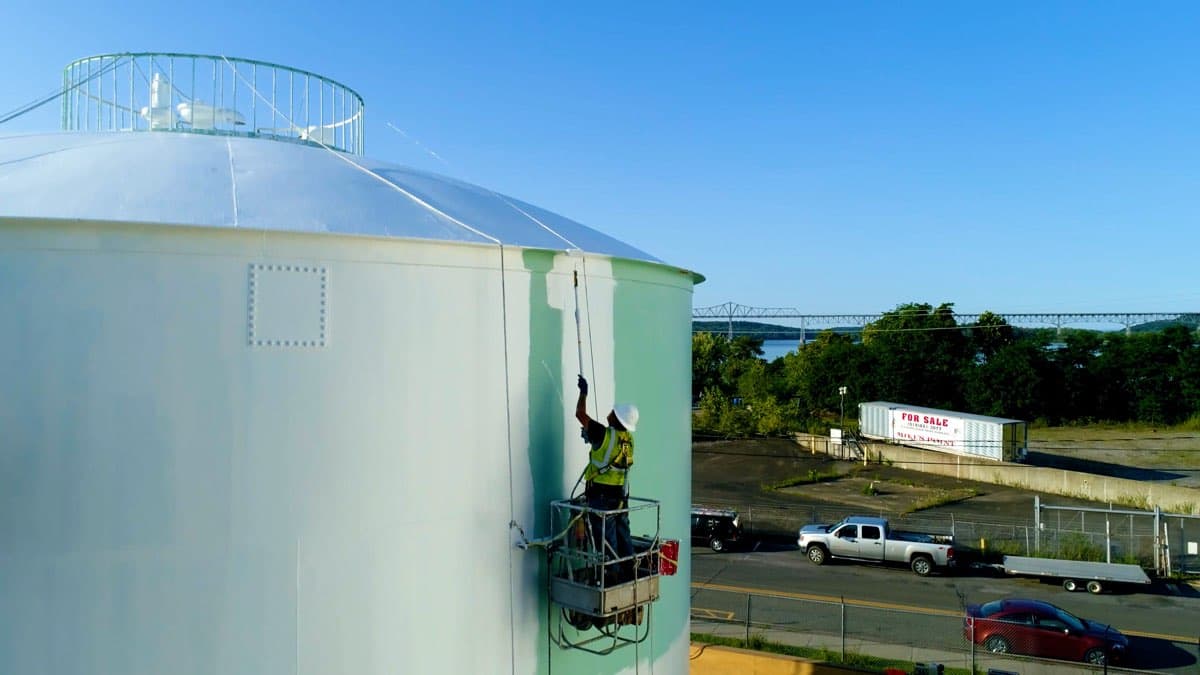 MPC worker painting a large storage tank from a lift platform