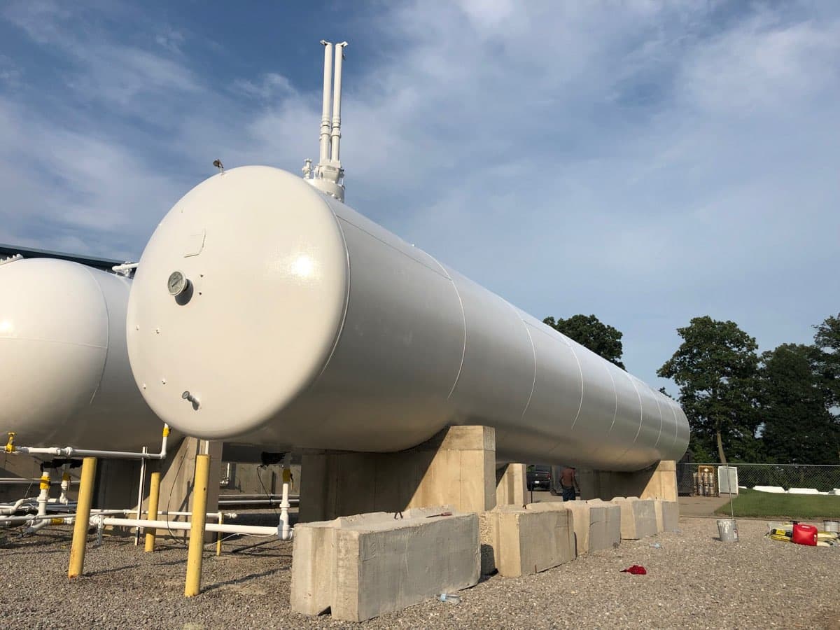 Large LPG propane tank freshly painted by Markley's Precision Company in Ohio
